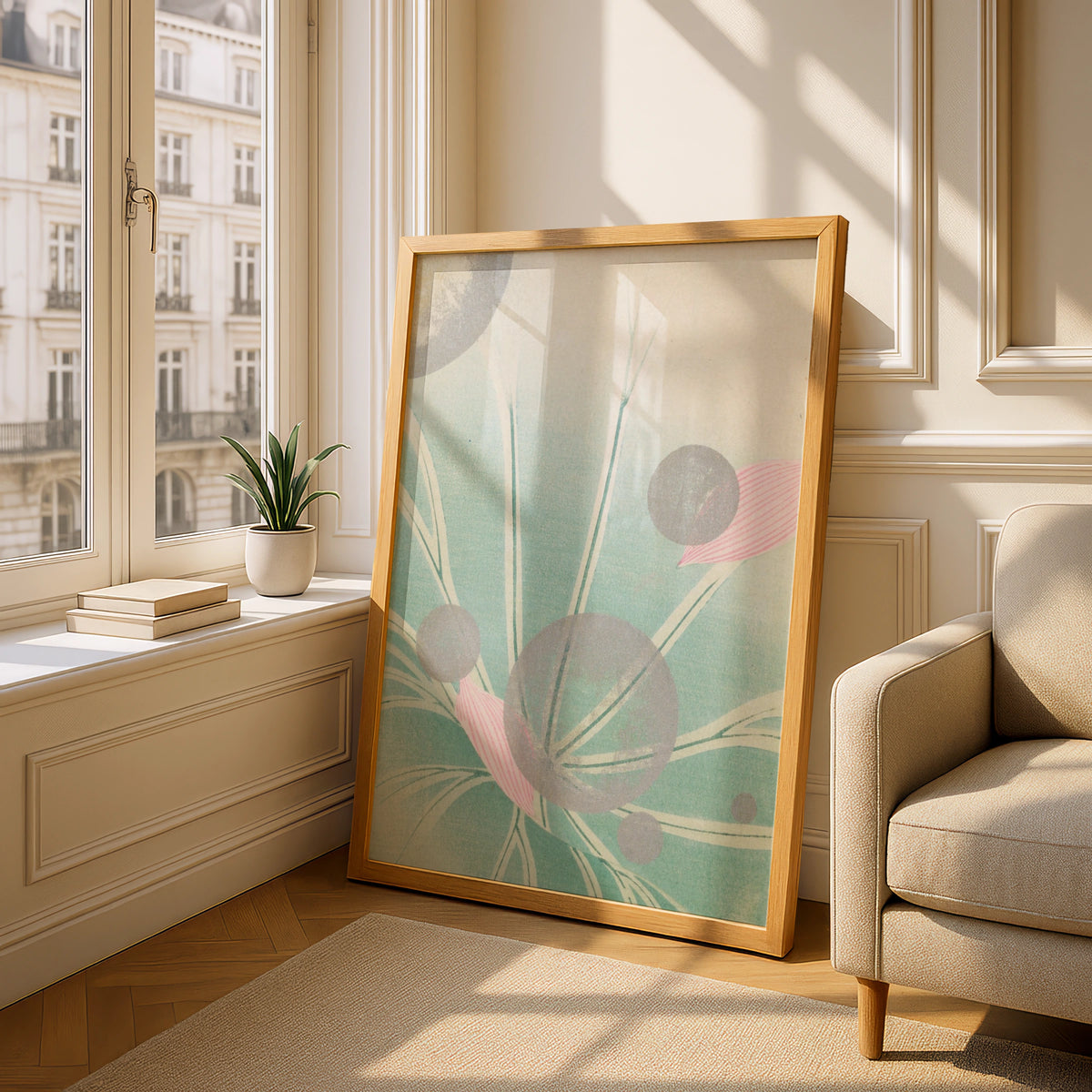 Japanese Sage Green Botanical Print, Vintage Woodblock Floral Wall Art, Japandi Poster – A5 Oak frame