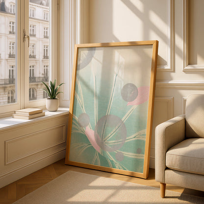 Japanese Sage Green Botanical Print, Vintage Woodblock Floral Wall Art, Japandi Poster – A5 Oak frame