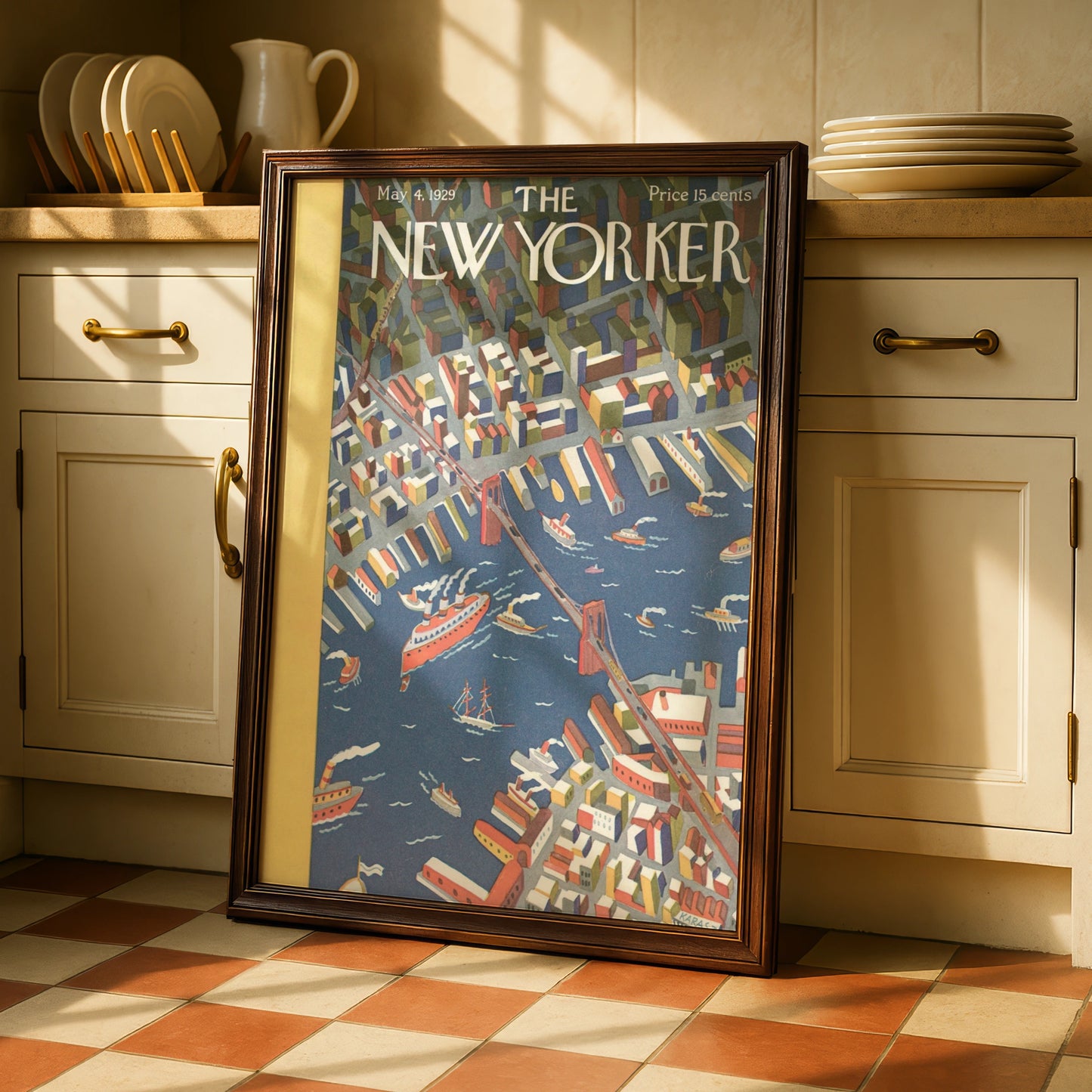 New Yorker 1929 Cover Poster, Brooklyn Bridge Aerial View, Vintage NYC Wall Art