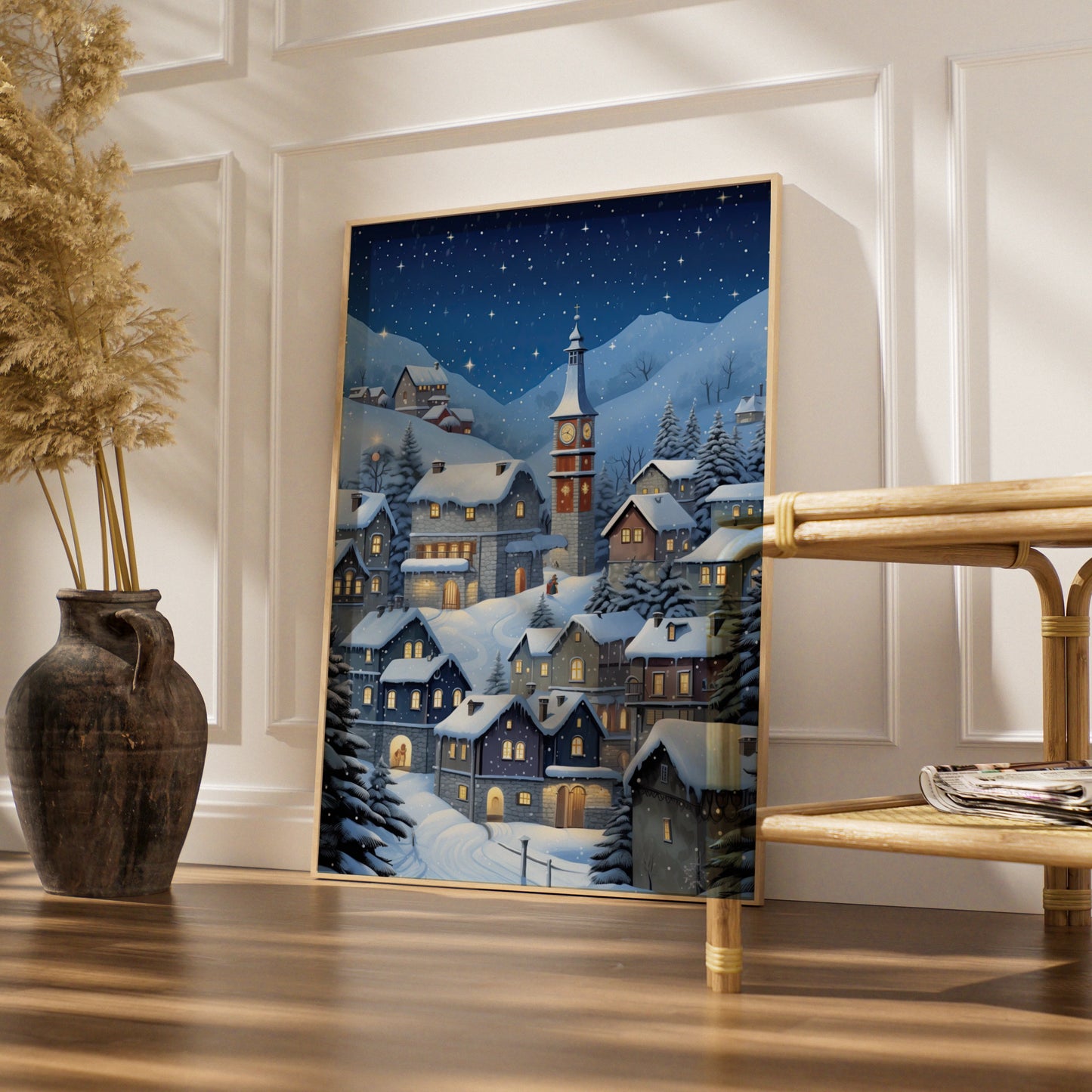 Christmas Village Poster, Snowy Winter Night Wall Art, Clock Tower Scene, Festive Holiday Print