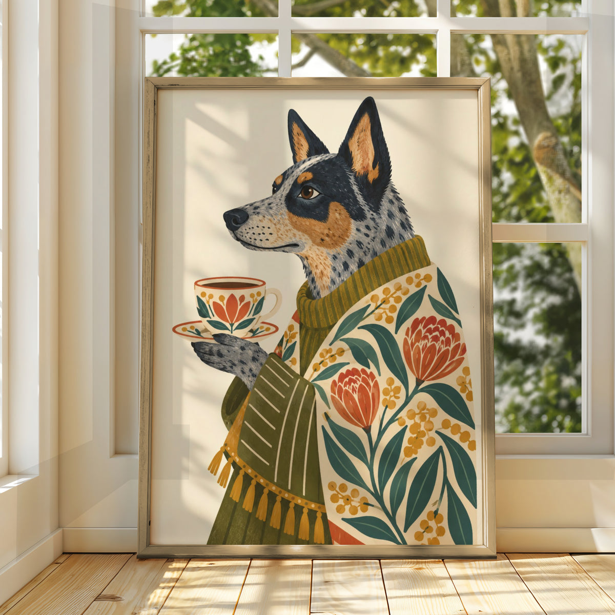 Australian Cattle Dog Art Print, Blue Heeler with Tea Cup, Floral Folk Wall Art