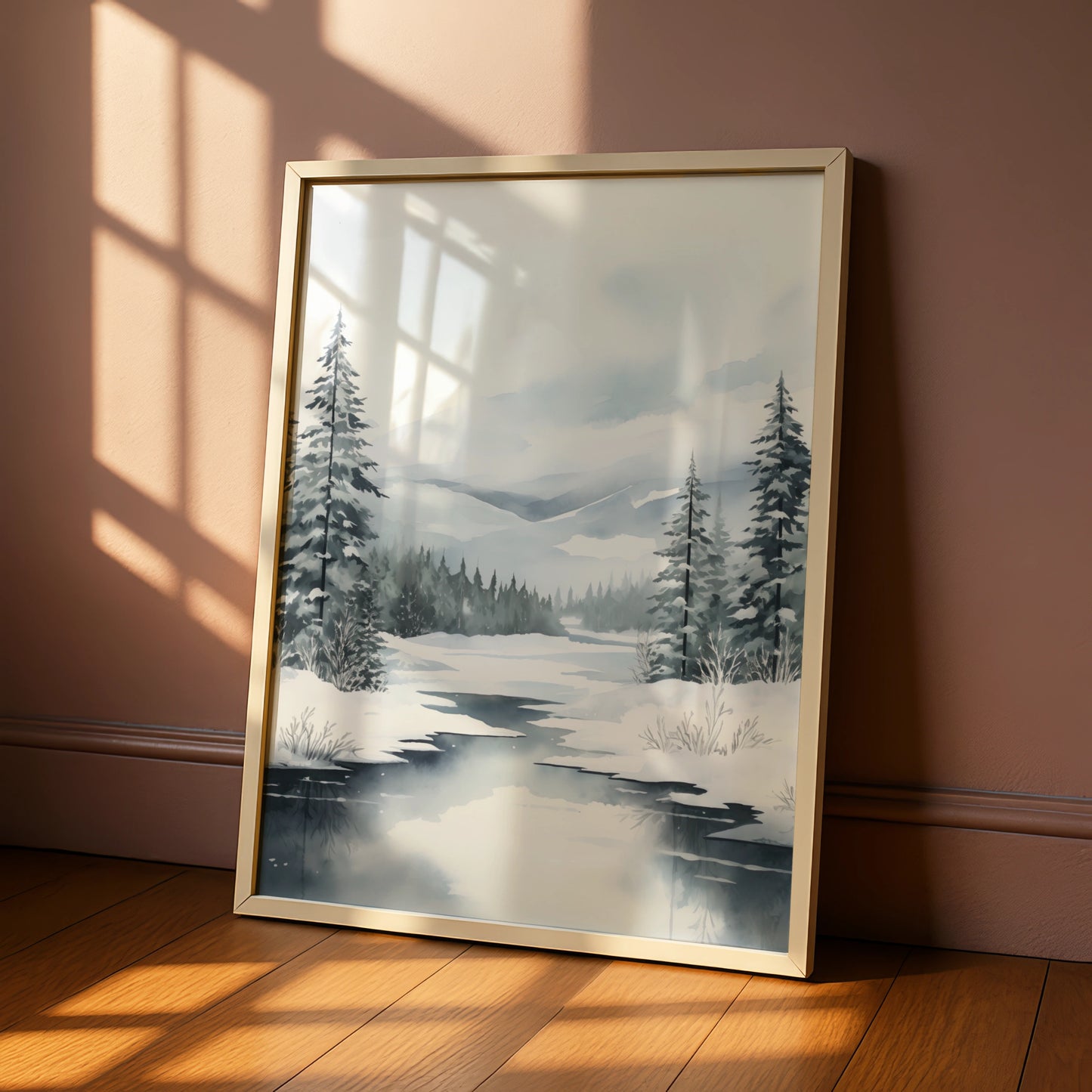 Christmas Winter Landscape Poster, Snowy Forest Pine Trees, Watercolour Wall Art Print