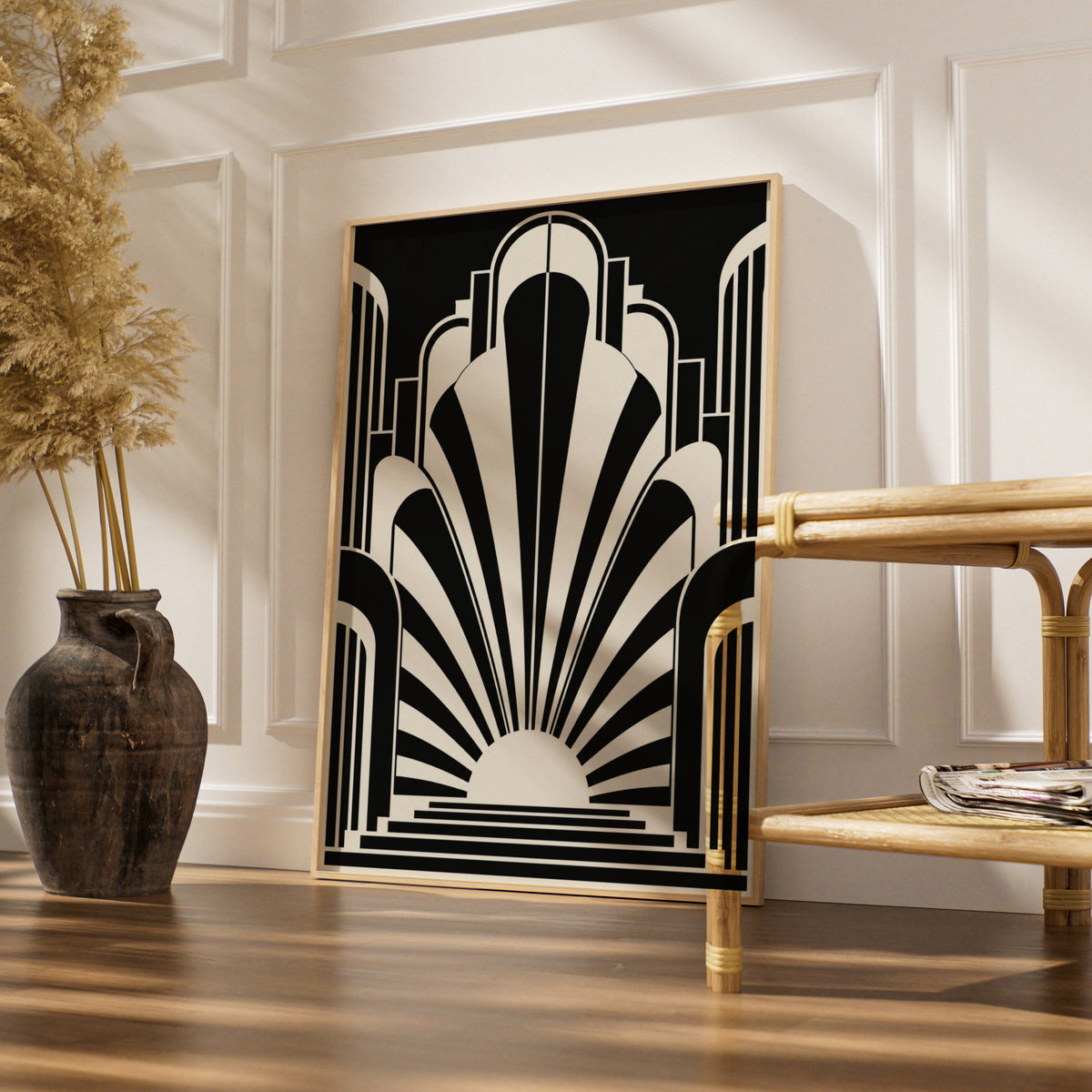 Art Deco Sunburst Poster, Monochrome Wall Art, Black and White Geometric Print