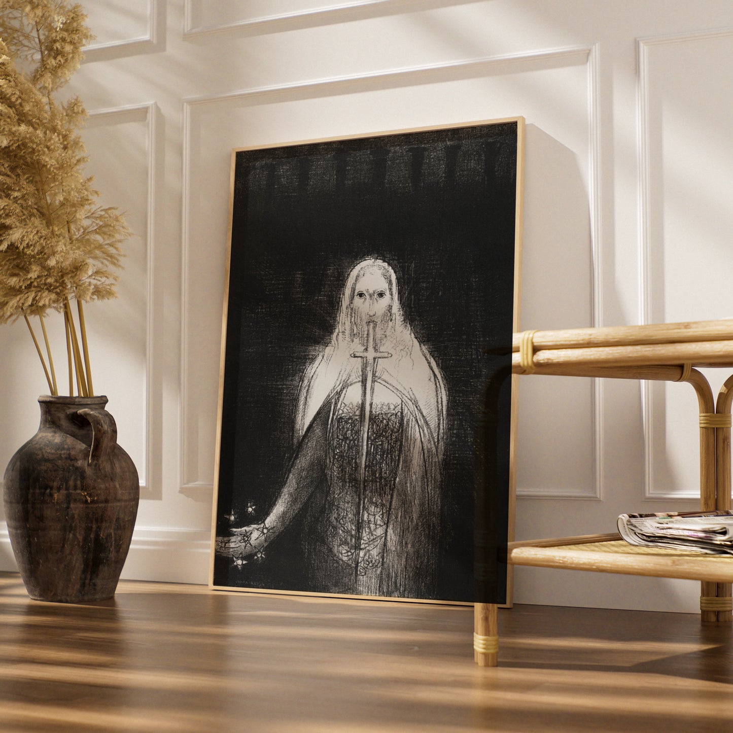 Halloween Gothic Ghost Figure Poster, Dark Occult Wall Art, Black White Sword Print