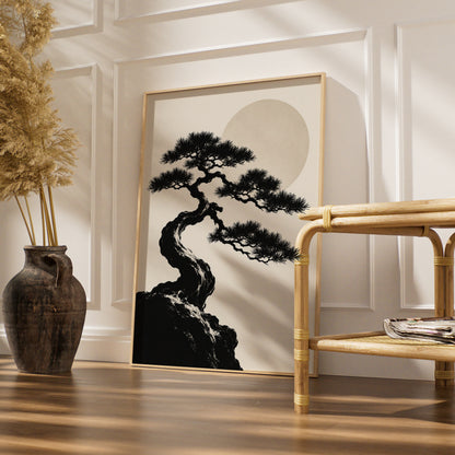 Bonsai Tree Moon Print, Monochrome Wall Art, Japanese Pine Minimalist Poster, Neutral Gallery Wall