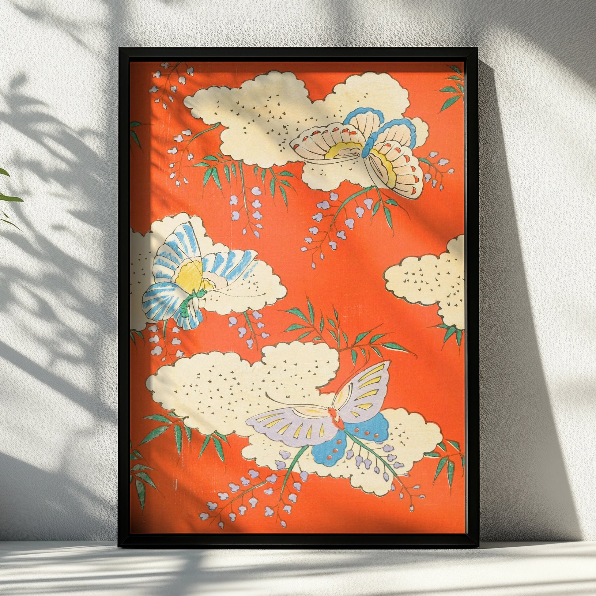 Japanese Butterfly Wall Art, Vintage Woodblock Print, Floral Japandi Poster, Orange Botanical – A4 Black frame