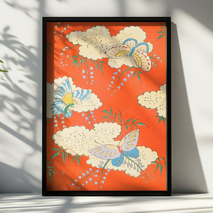 Japanese Butterfly Wall Art, Vintage Woodblock Print, Floral Japandi Poster, Orange Botanical – A4 Black frame