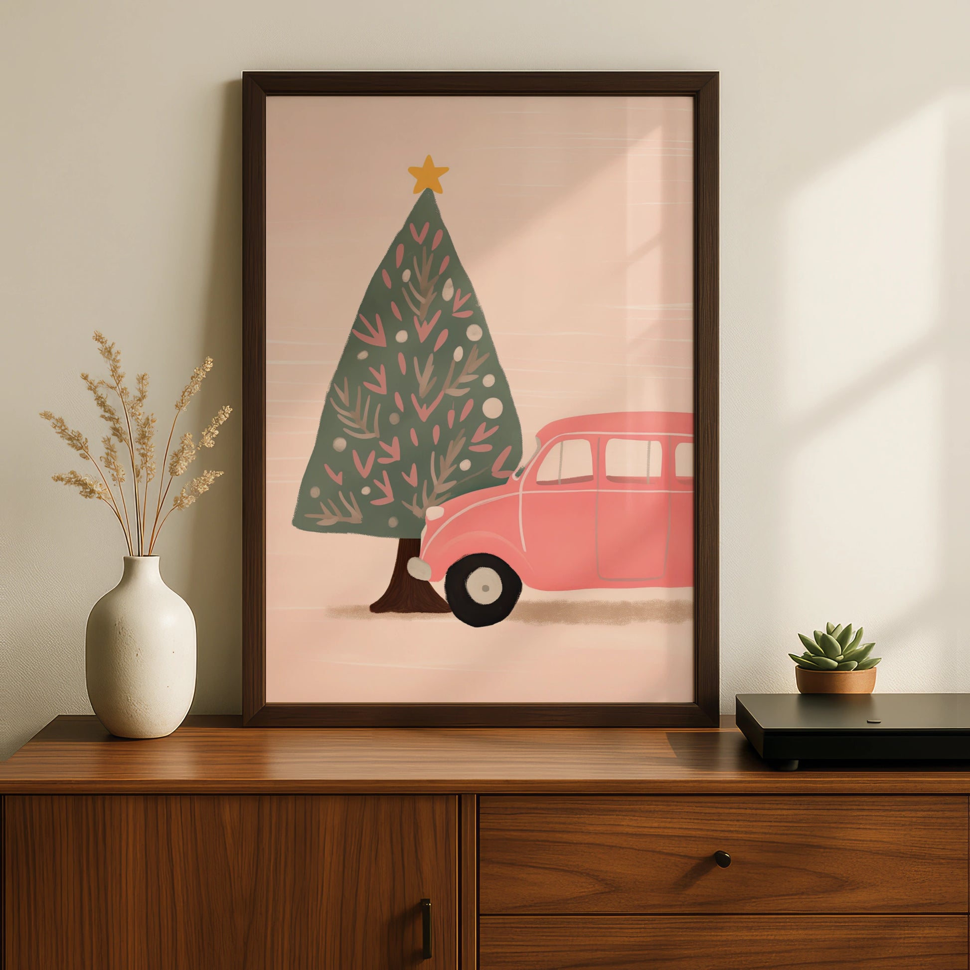 Pink Retro Car Christmas Poster, Festive Tree Wall Art, Cute Xmas Print, Holiday Home Decor