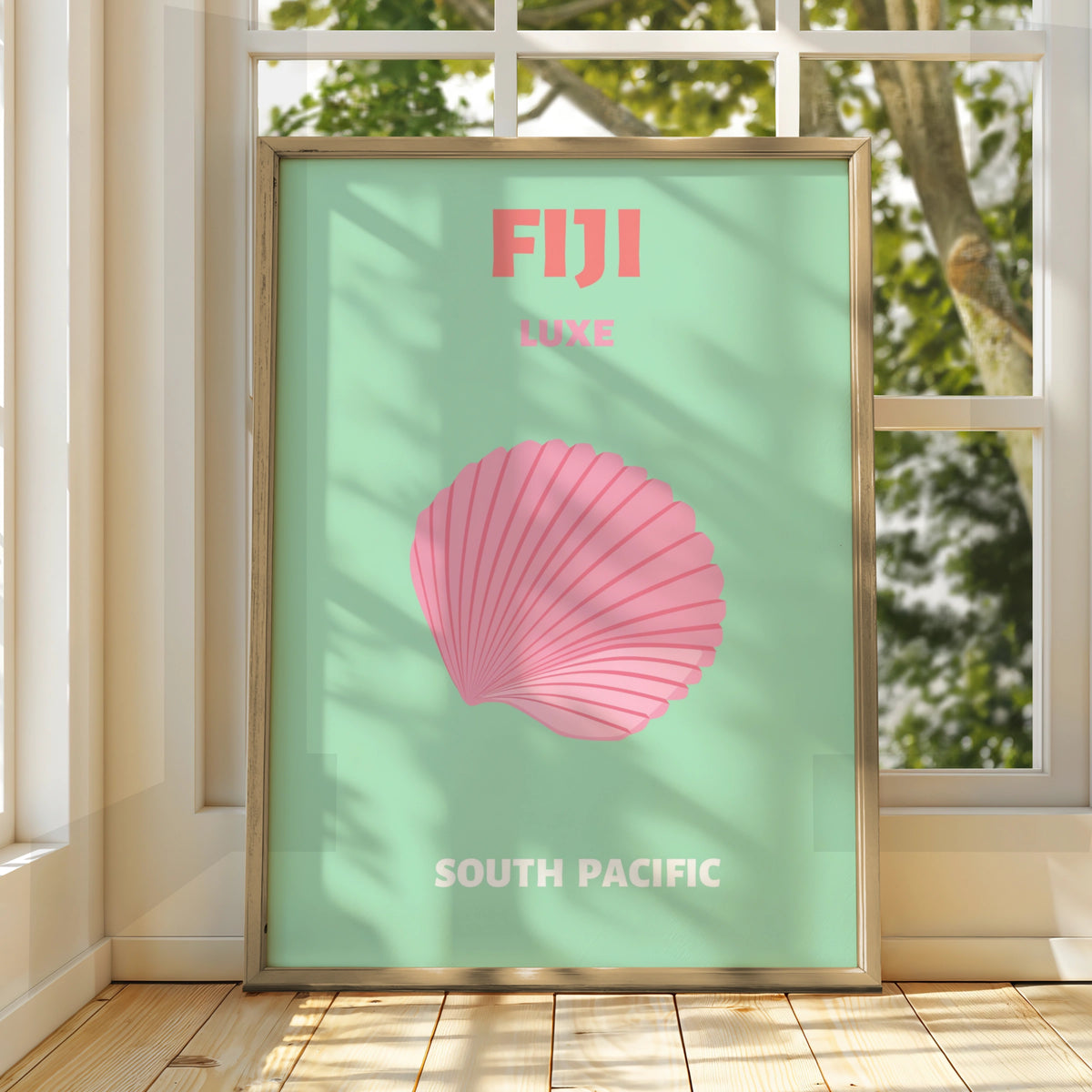 Fiji Travel Poster, South Pacific Wall Art, Retro Shell Print, Mint Pink Coastal Decor
