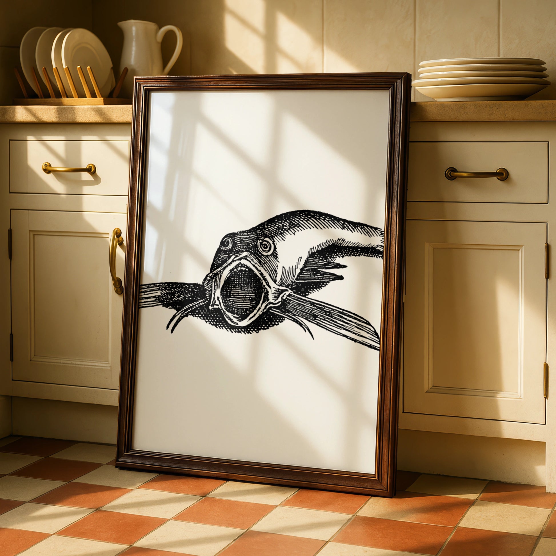 Vintage Catfish Engraving Art Print, Black White Gothic Fish Poster, Dark Halloween Wall Art