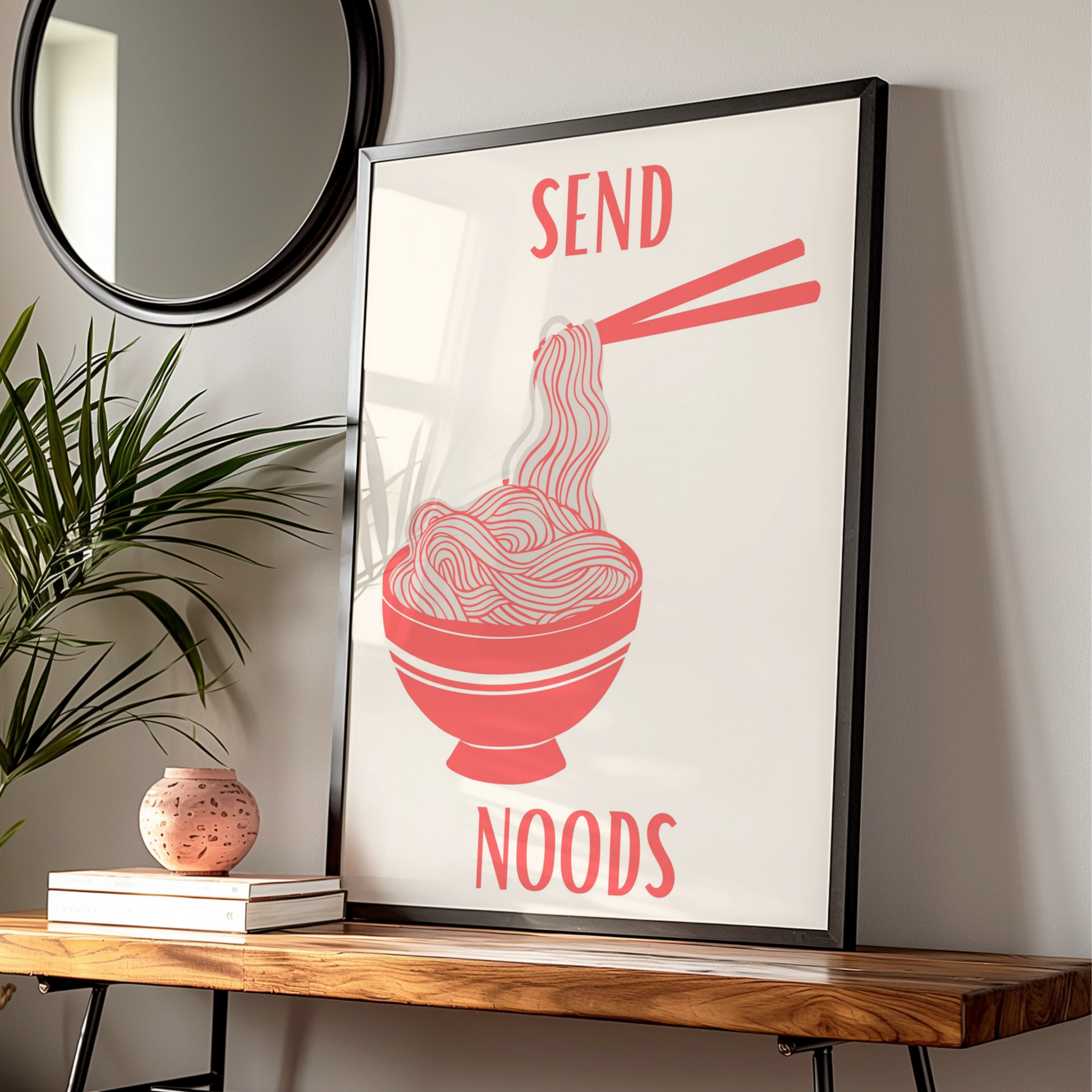 Send Noods Ramen Poster, Funny Noodle Bowl Wall Art, Bold Red Kitchen Print