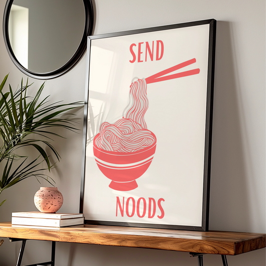 Send Noods Ramen Poster, Funny Noodle Bowl Wall Art, Bold Red Kitchen Print