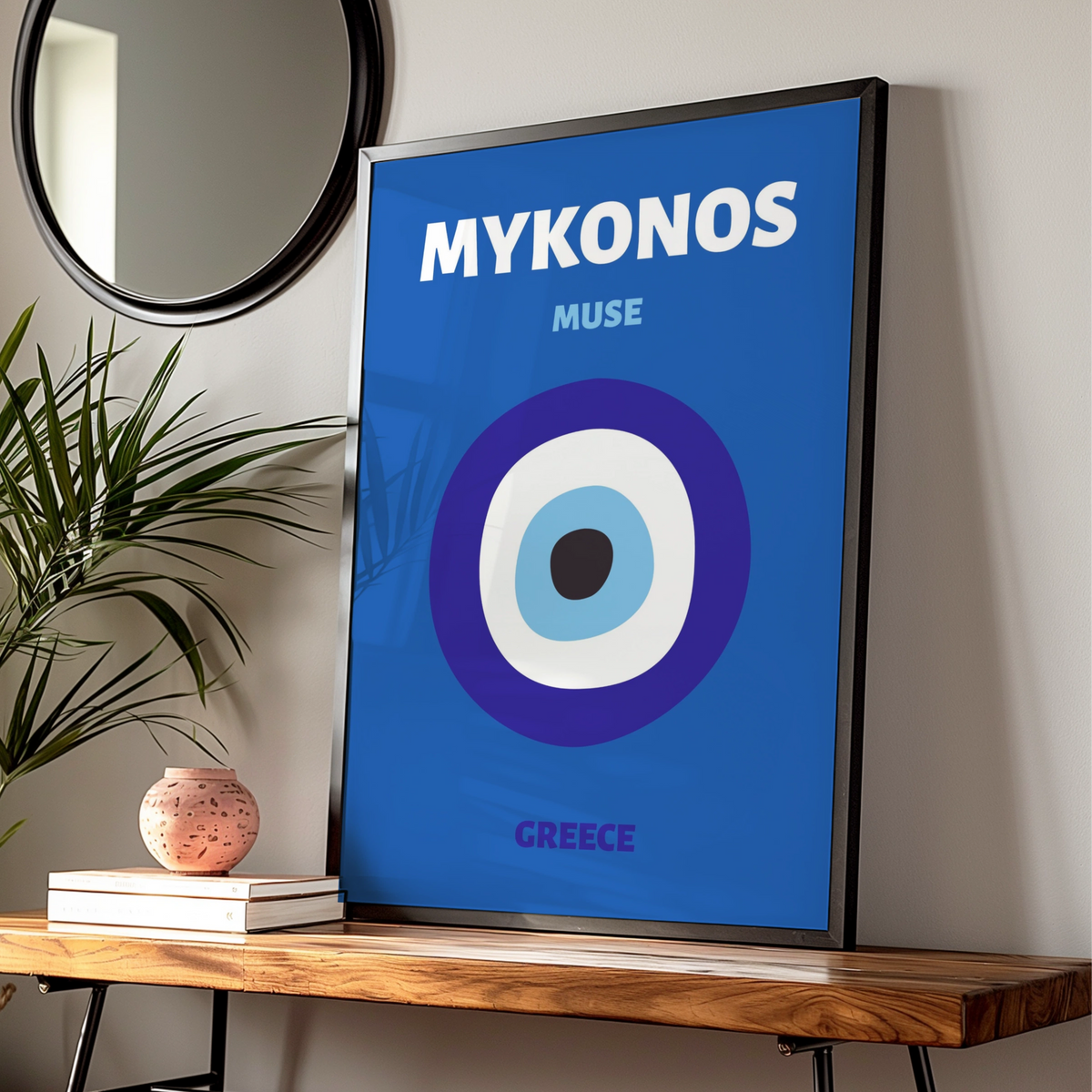 Mykonos Greece Travel Poster, Evil Eye Wall Art, Greek Island Print, Blue Retro
