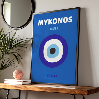 Mykonos Greece Travel Poster, Evil Eye Wall Art, Greek Island Print, Blue Retro