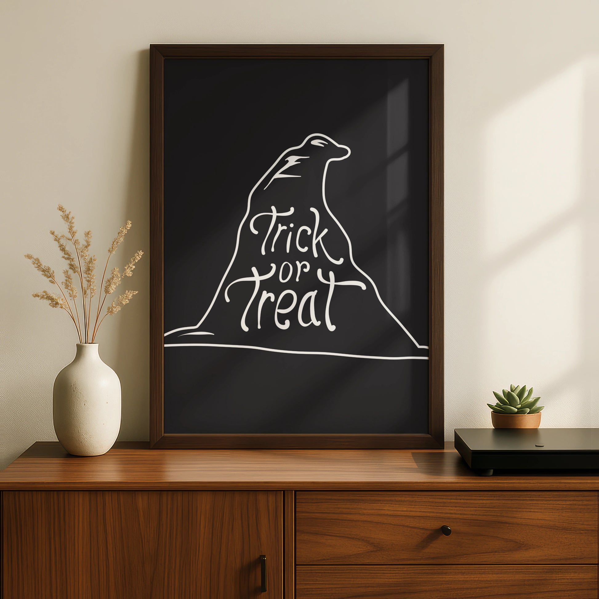 Halloween Trick or Treat Poster, Black Cat Line Art, Spooky Wall Art Print