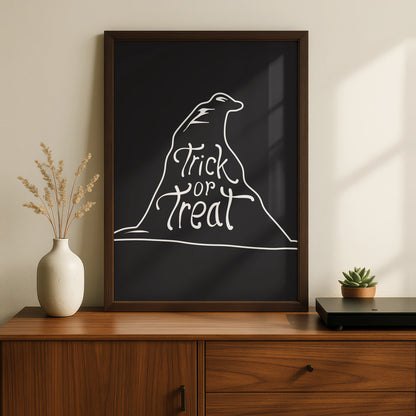 Halloween Trick or Treat Poster, Black Cat Line Art, Spooky Wall Art Print