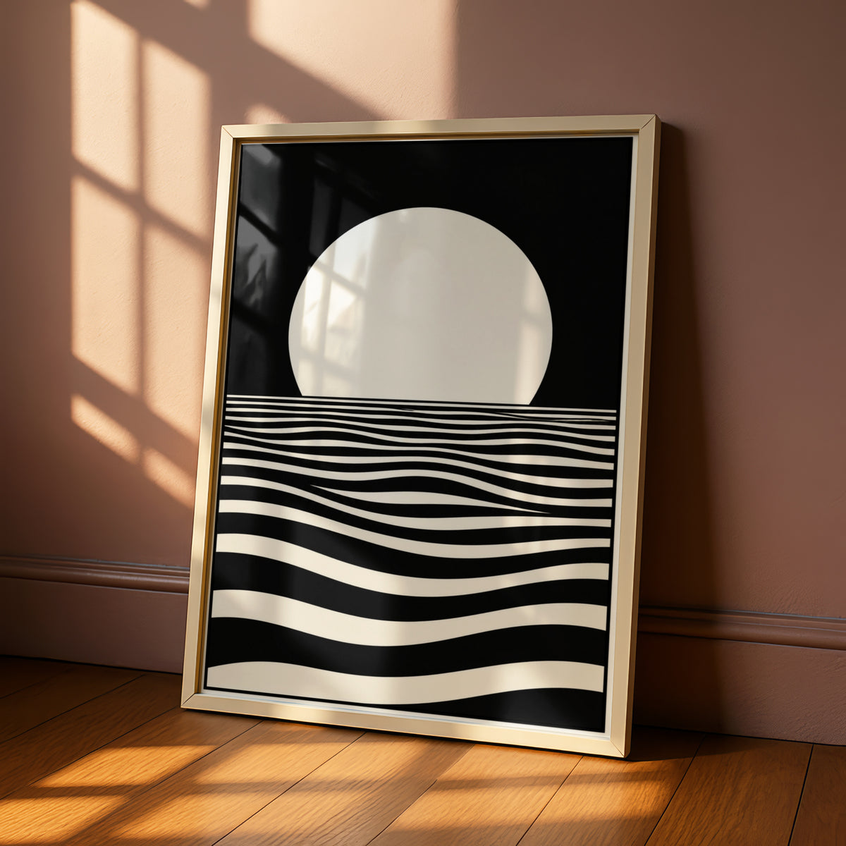 Monochrome Moon Over Ocean Waves Print, Black White Minimalist Poster, Gallery Wall Art