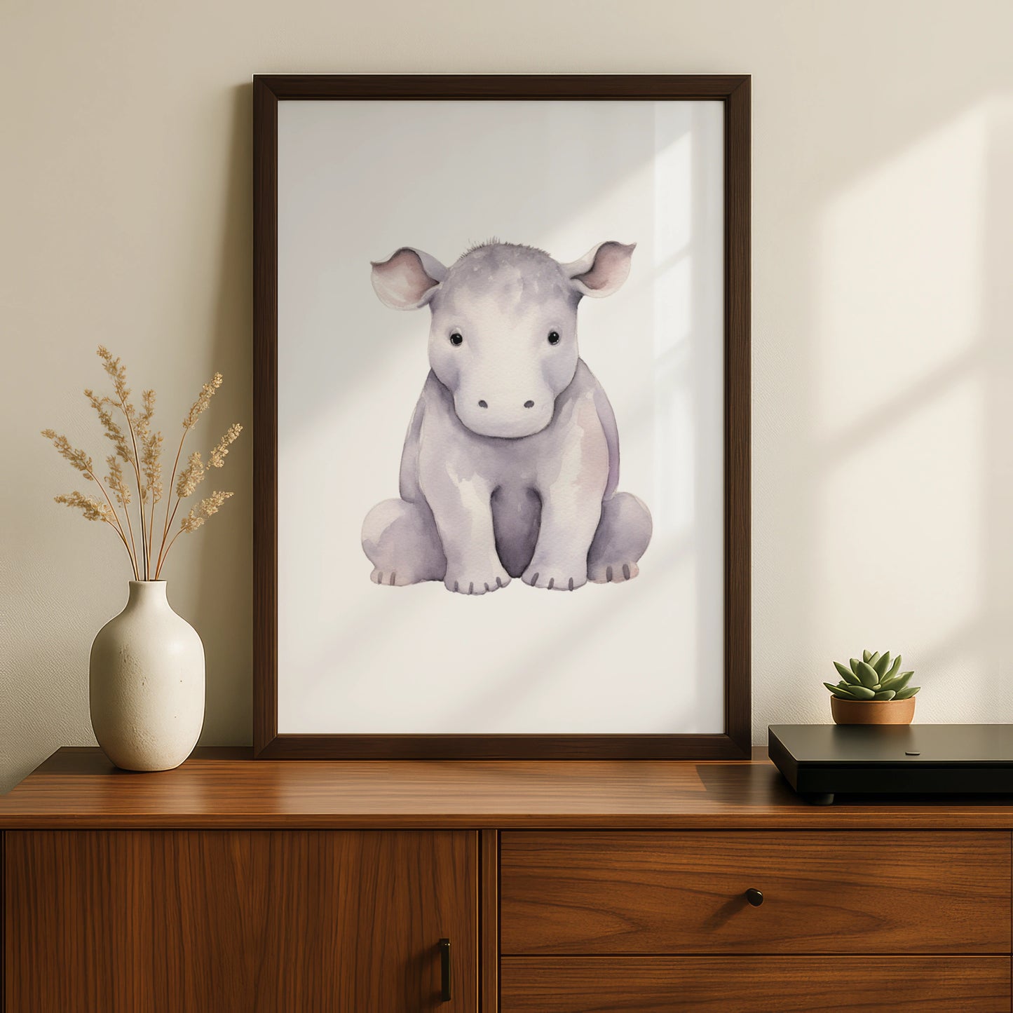 Baby Hippo Nursery Wall Art, Cute Watercolour Hippopotamus Print, Safari Animal Poster