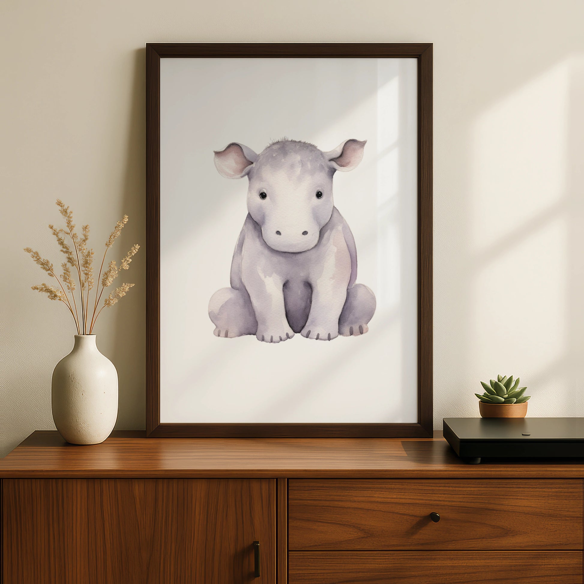 Baby Hippo Nursery Wall Art, Cute Watercolour Hippopotamus Print, Safari Animal Poster