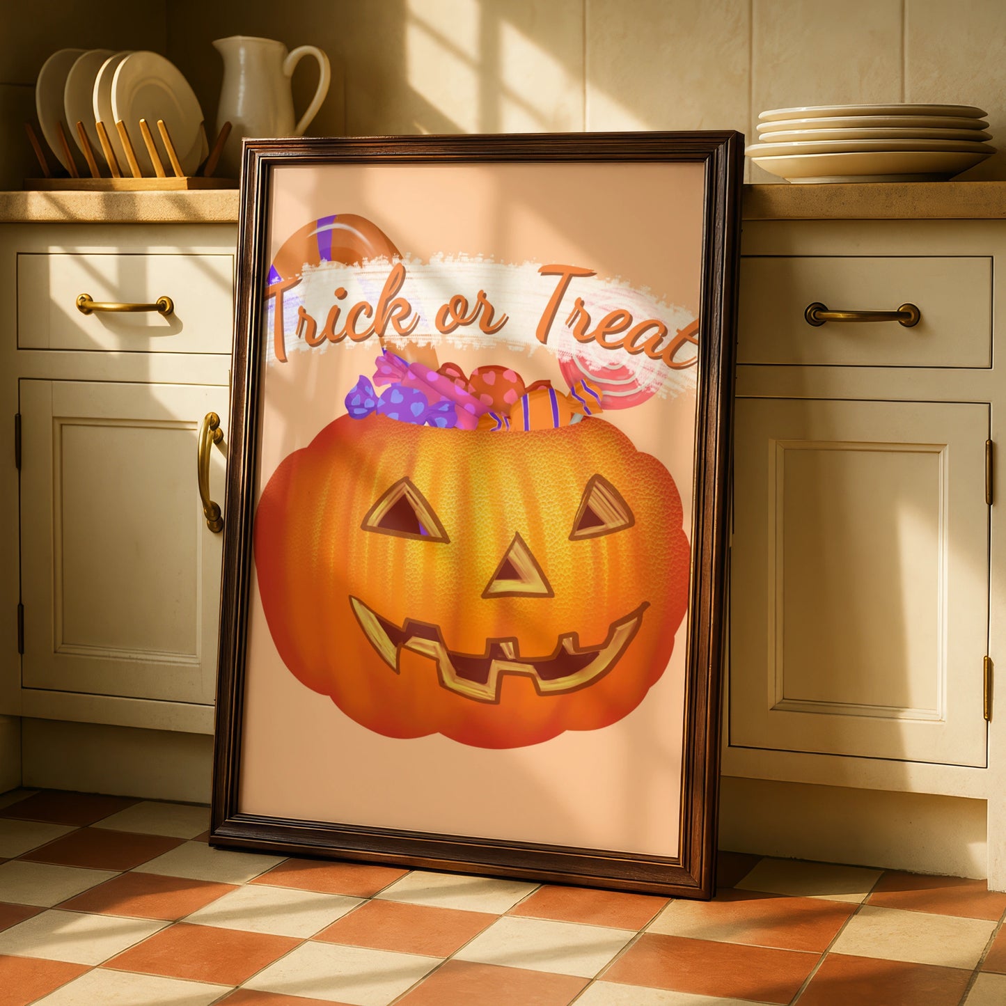 Trick or Treat Halloween Poster, Jack-o-Lantern Candy Print, Pumpkin Wall Art