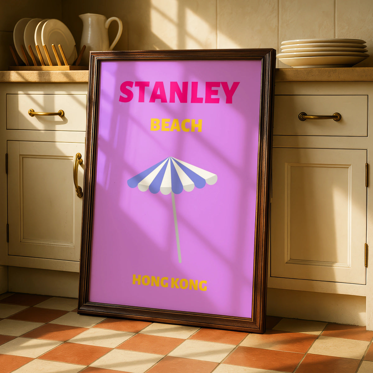 Stanley Beach Hong Kong Travel Poster, Retro Wall Art, Colourful Beach Print