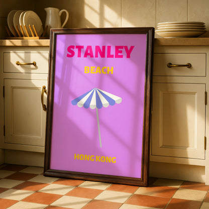 Stanley Beach Hong Kong Travel Poster, Retro Wall Art, Colourful Beach Print