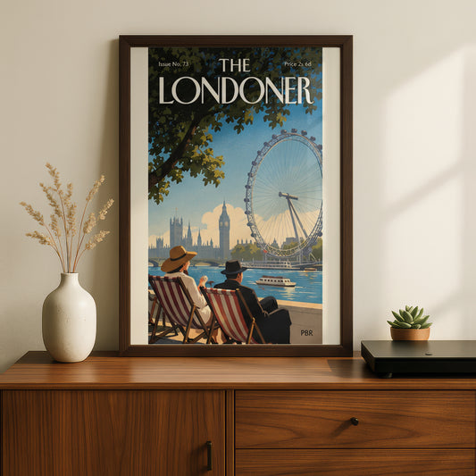 London Eye Poster, Vintage London Wall Art Print, Magazine Cover Style, Thames Riverside Deckchairs