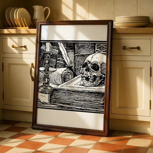 Halloween Skull Vanitas Poster, Gothic Black White Wall Art, Spooky Dark Academia Print