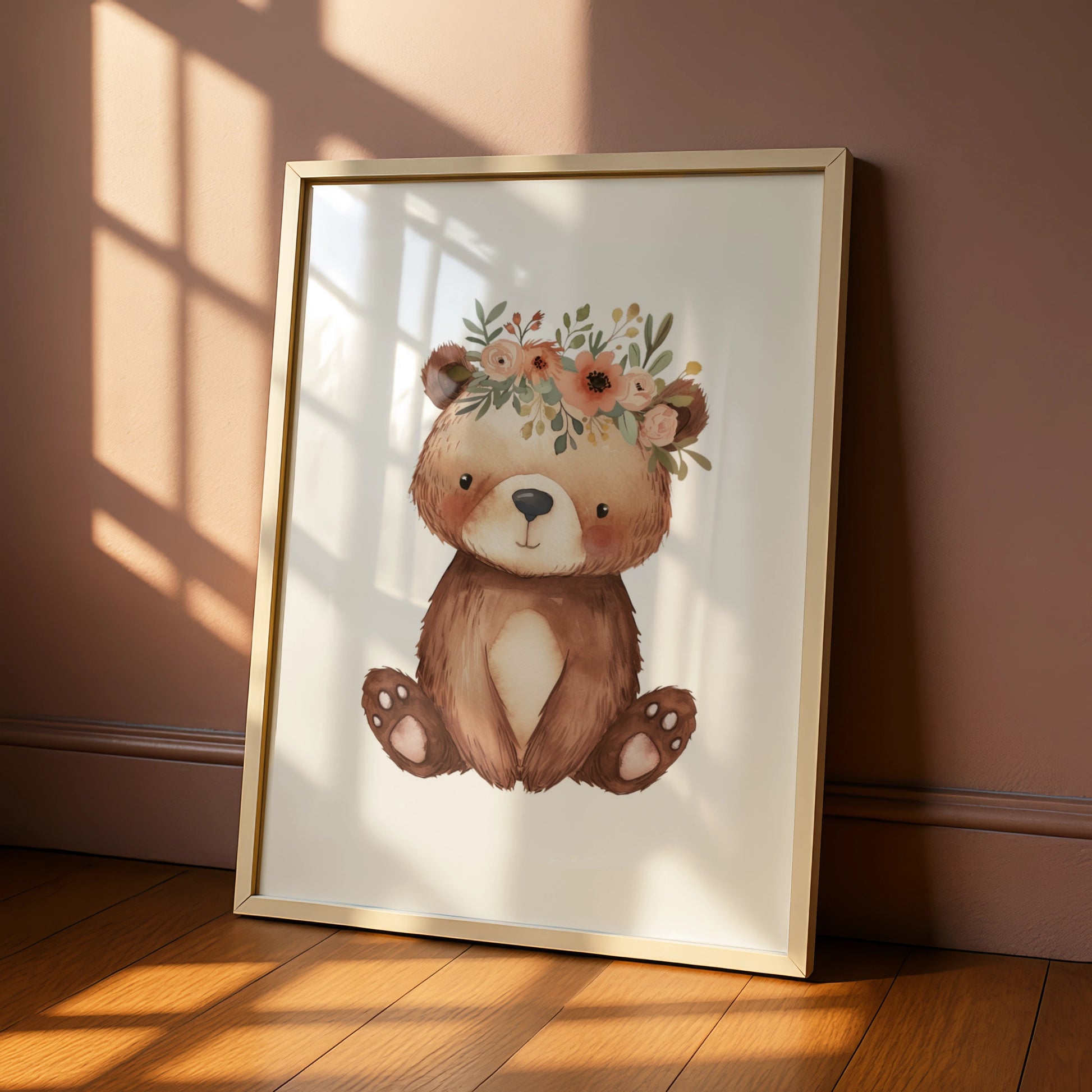 Floral Bear Nursery Wall Art, Watercolour Baby Bear Poster, Woodland Animal Print for Kids Room