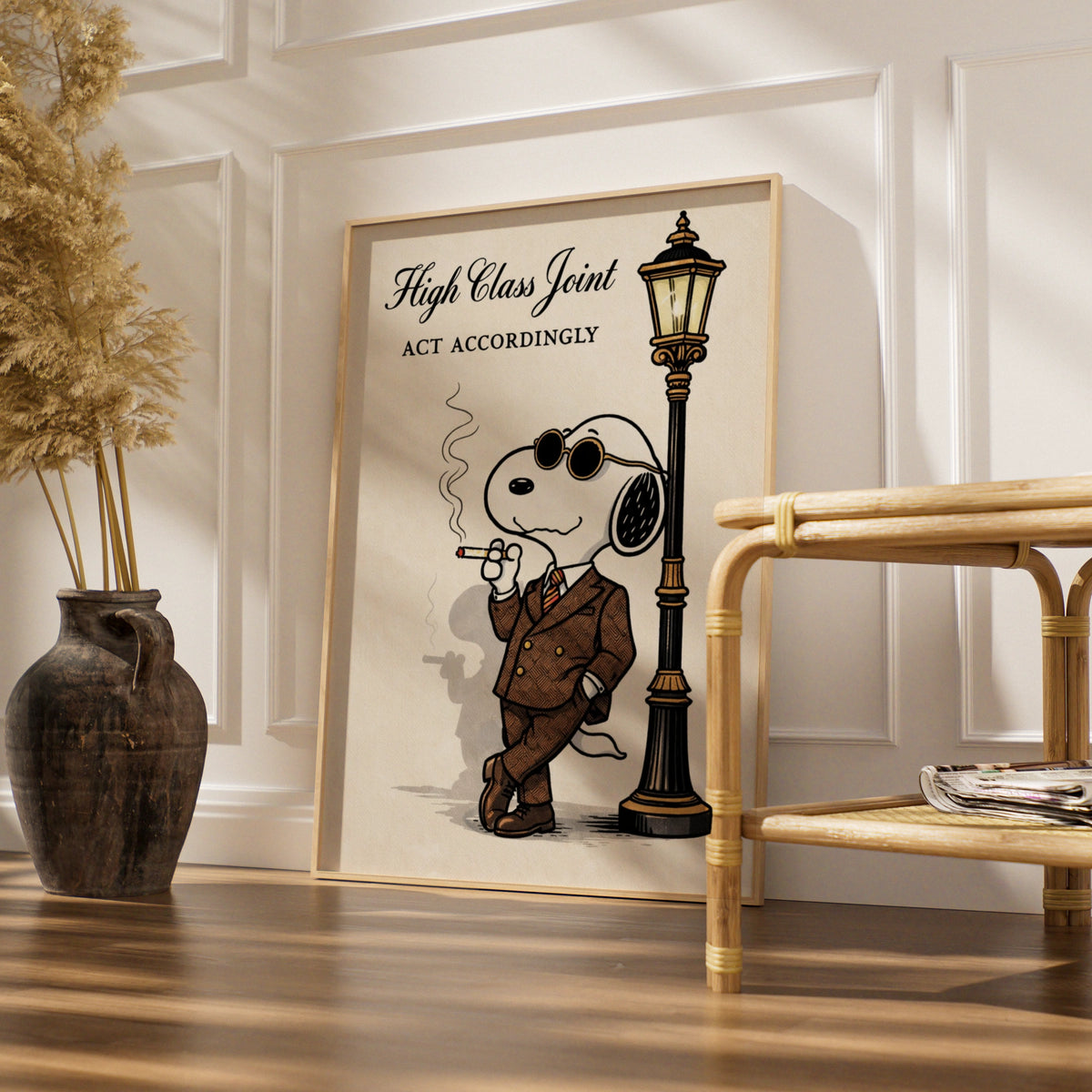 High Class Joint Cartoon Dog Poster, Dapper Suit Funny Wall Art, Quirky Retro Print
