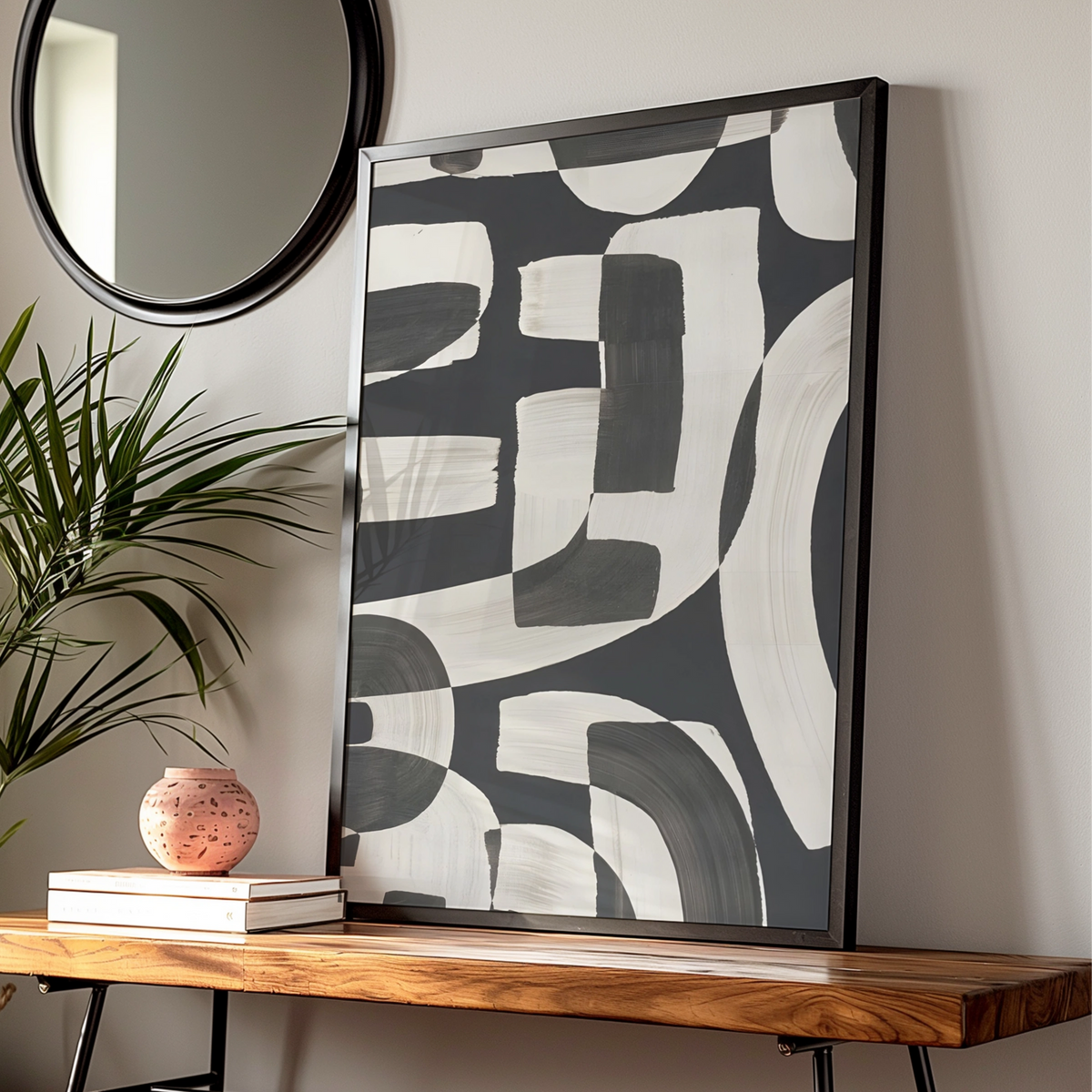 Abstract Brushstroke Wall Art, Monochrome Black White Poster, Modern Geometric Print