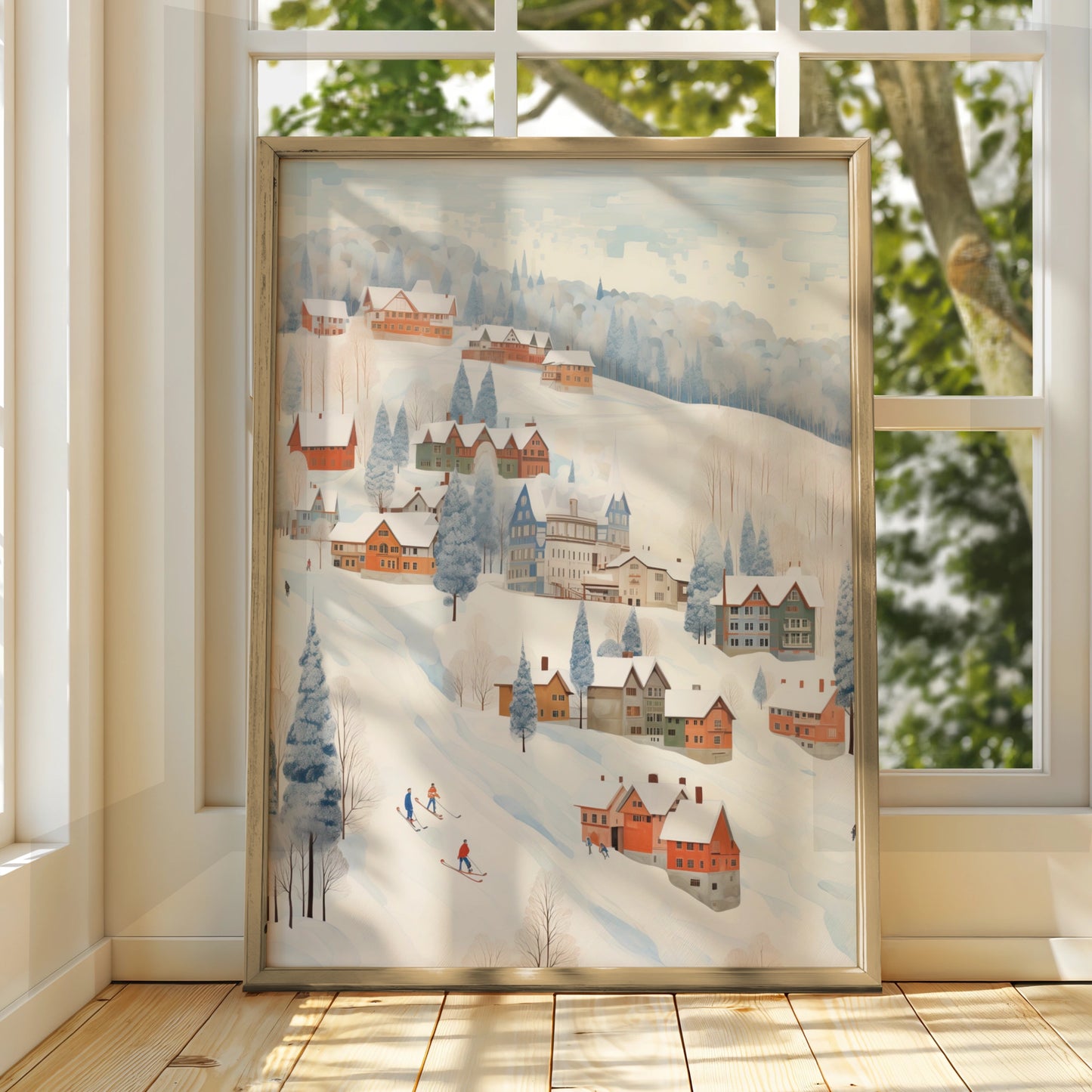 Christmas Winter Village Poster, Snowy Ski Scene Wall Art, Festive Holiday Print, Cosy Xmas Decor