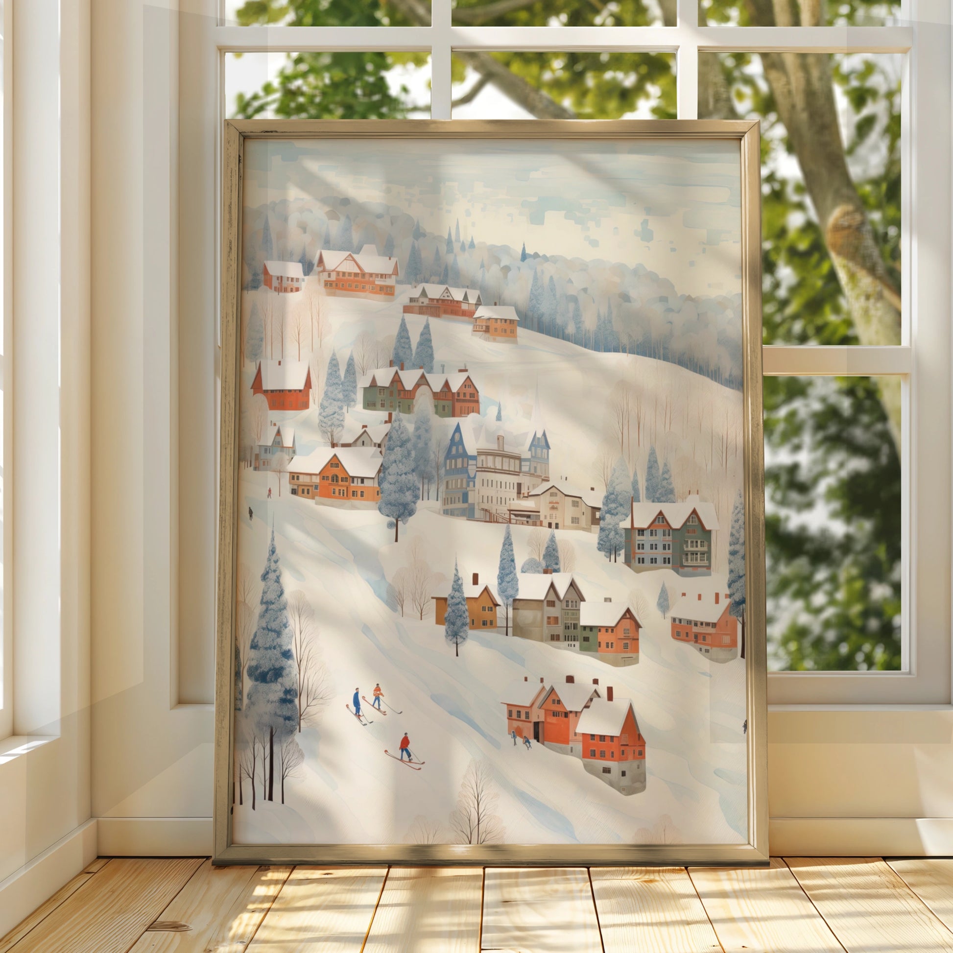 Christmas Winter Village Poster, Snowy Ski Scene Wall Art, Festive Holiday Print, Cosy Xmas Decor