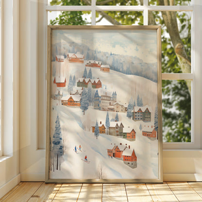 Christmas Winter Village Poster, Snowy Ski Scene Wall Art, Festive Holiday Print, Cosy Xmas Decor