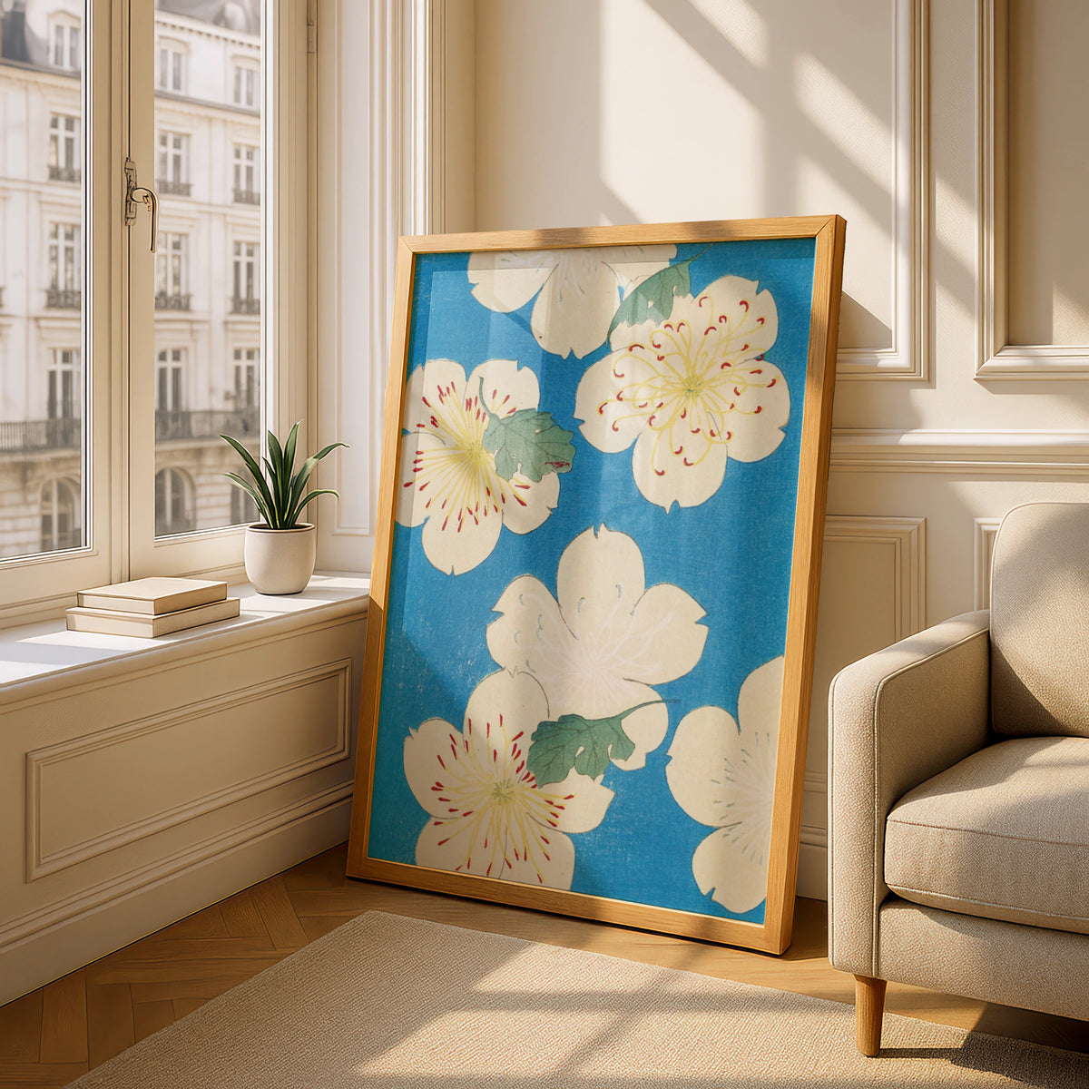 Japanese Botanical Print, Vintage Floral Woodblock Wall Art, Japandi Blue Flower Poster – A5 Oak frame