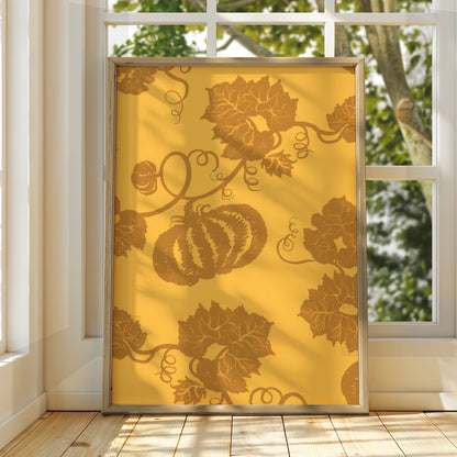 Halloween Pumpkin Vine Wall Art, Autumn Botanical Poster, Gold Orange Fall Decor Print
