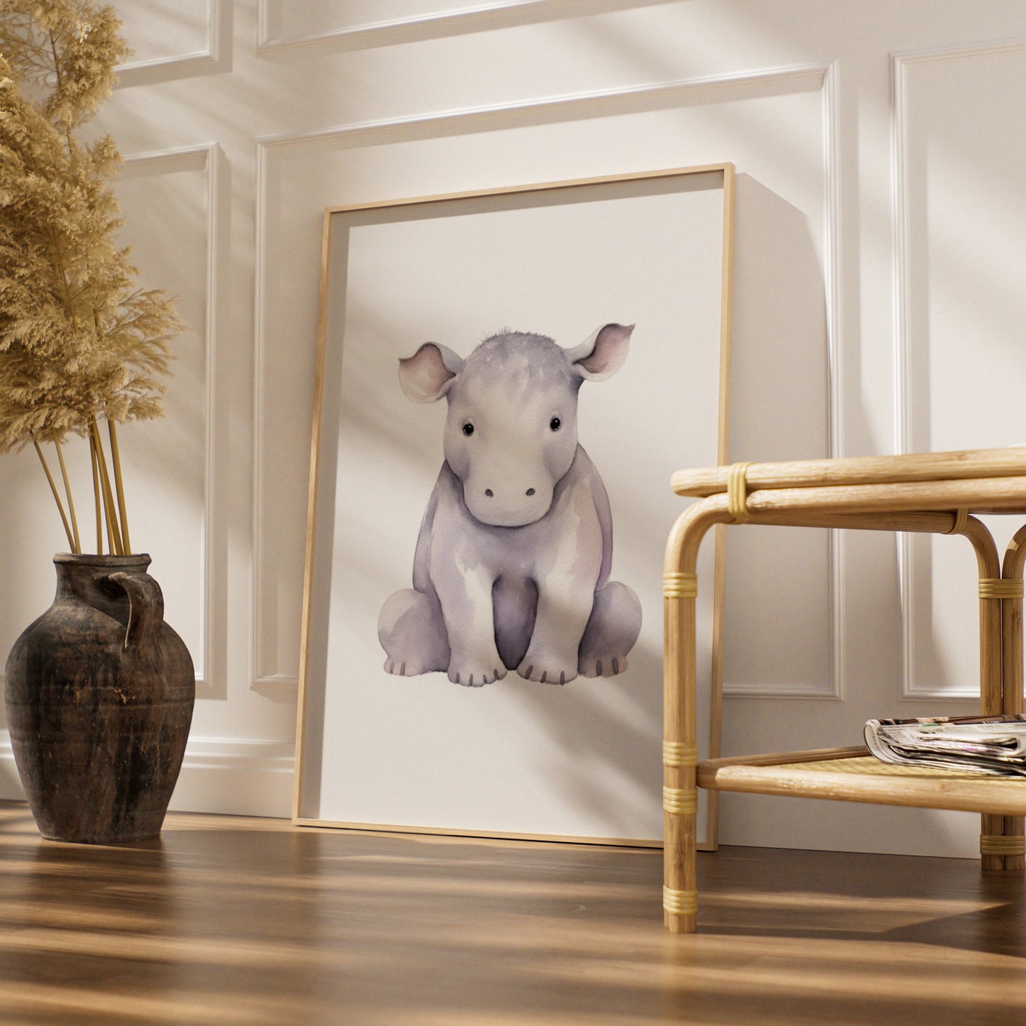 Baby Hippo Nursery Wall Art, Cute Watercolour Hippopotamus Print, Safari Animal Poster