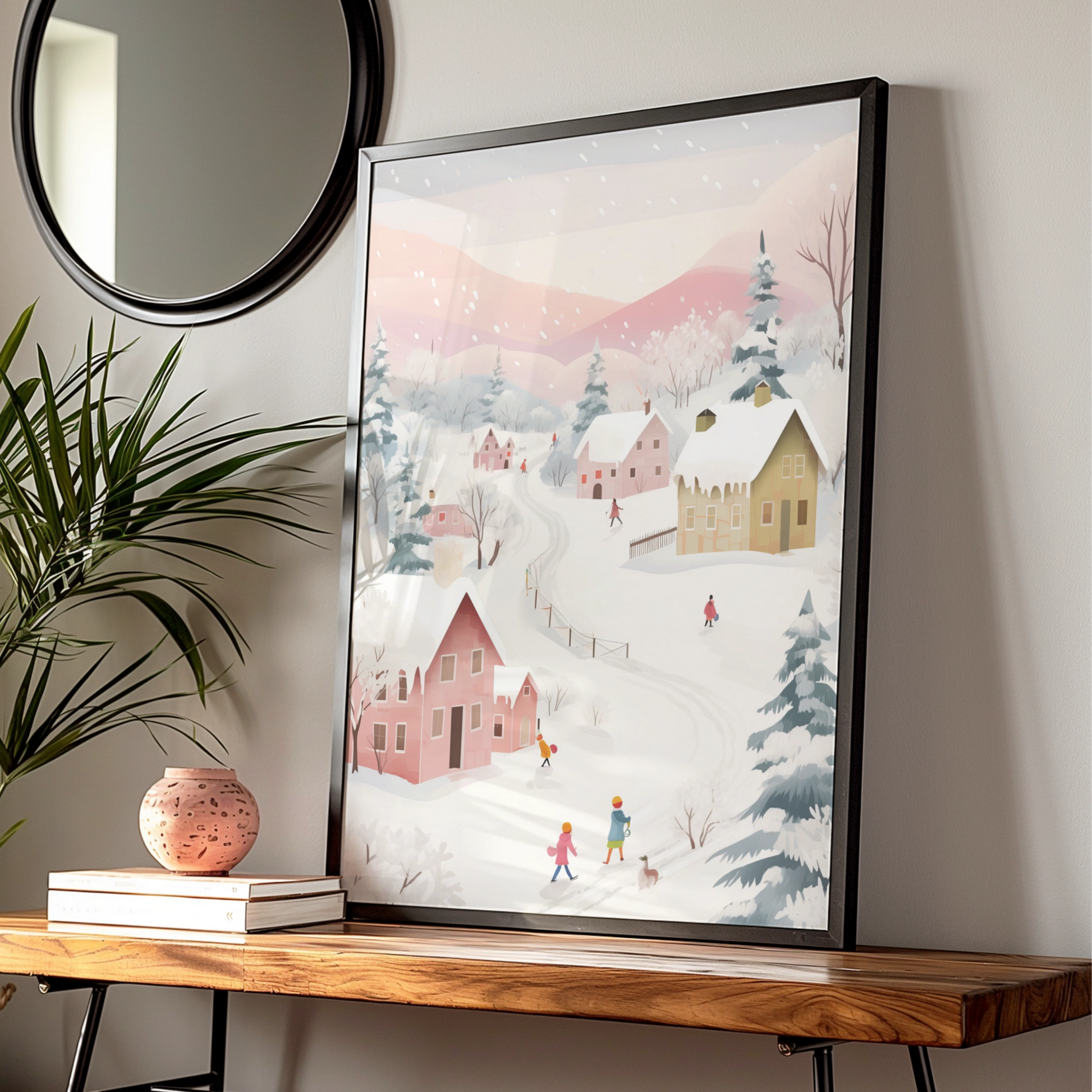 Christmas Village Snow Scene Poster, Pastel Winter Wall Art, Festive Holiday Print