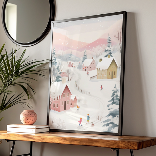 Christmas Village Snow Scene Poster, Pastel Winter Wall Art, Festive Holiday Print