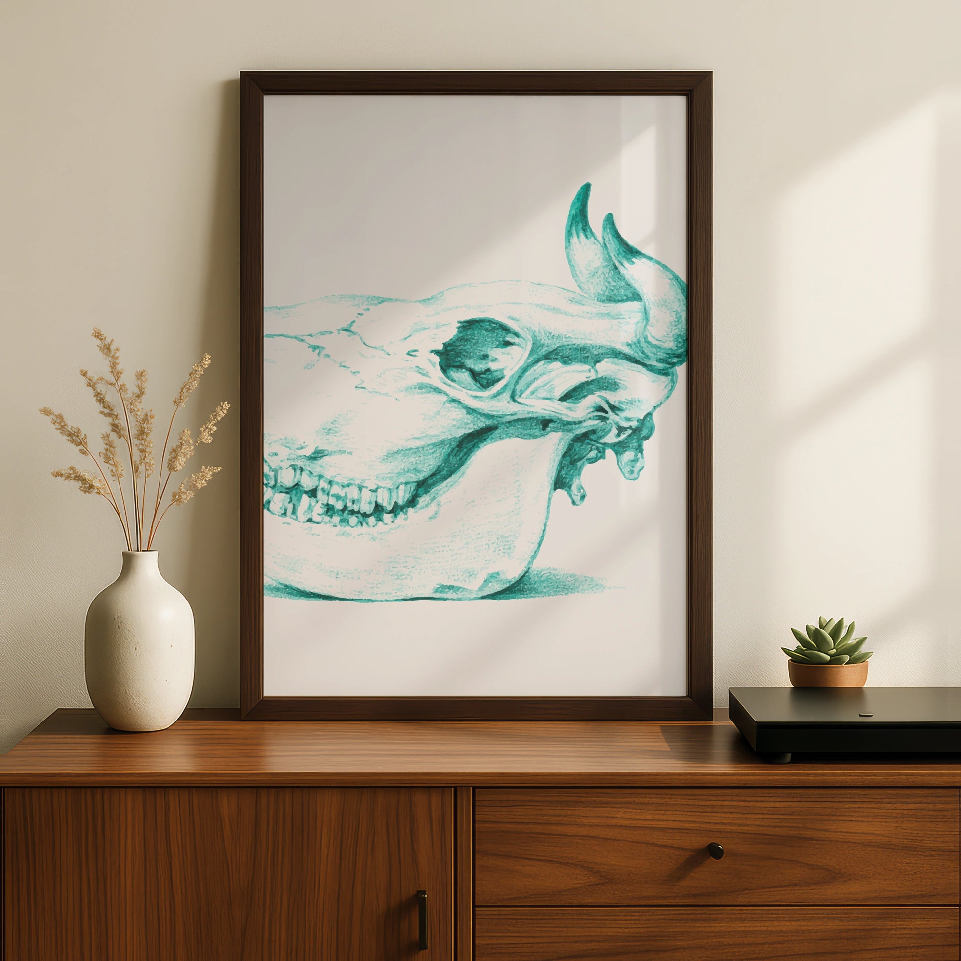Animal Skull Halloween Art Print, Teal Gothic Poster, Spooky Wall Art, Dark Anatomy Decor