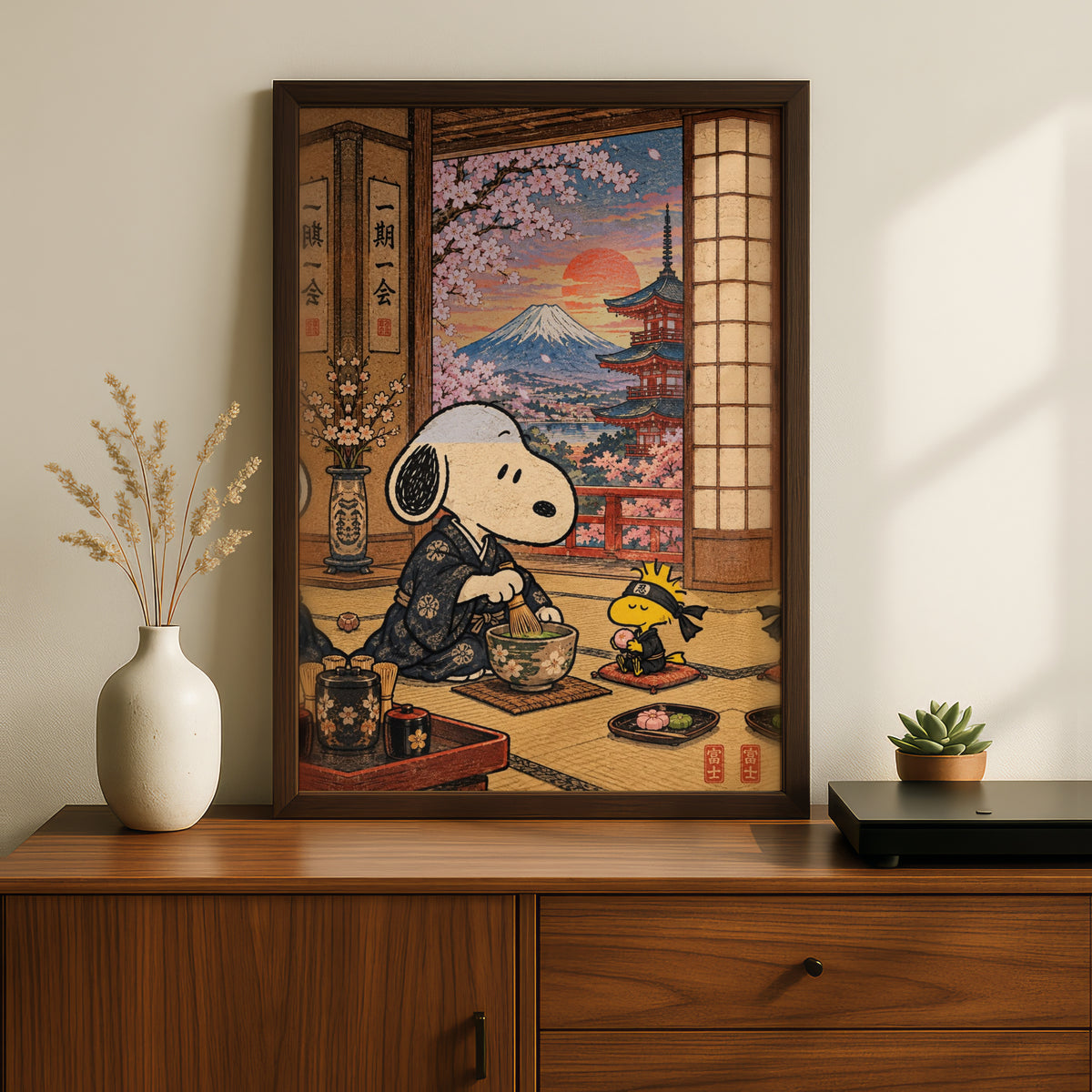 Japanese Tea Ceremony Poster, Cute Beagle Matcha Wall Art, Mount Fuji Cherry Blossom Print