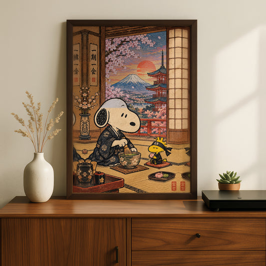 Japanese Tea Ceremony Poster, Cute Beagle Matcha Wall Art, Mount Fuji Cherry Blossom Print
