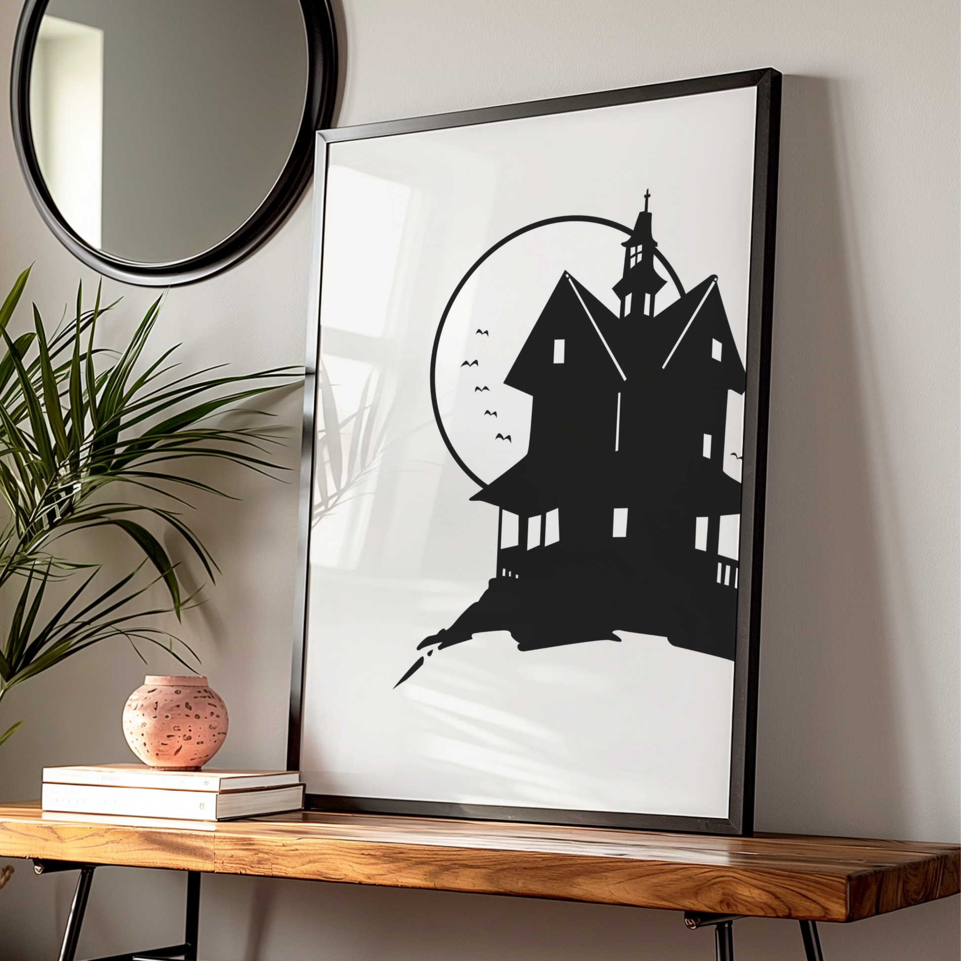 Halloween Haunted House Poster, Spooky Black Silhouette Wall Art, Full Moon Print