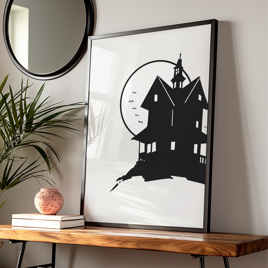 Halloween Haunted House Poster, Spooky Black Silhouette Wall Art, Full Moon Print