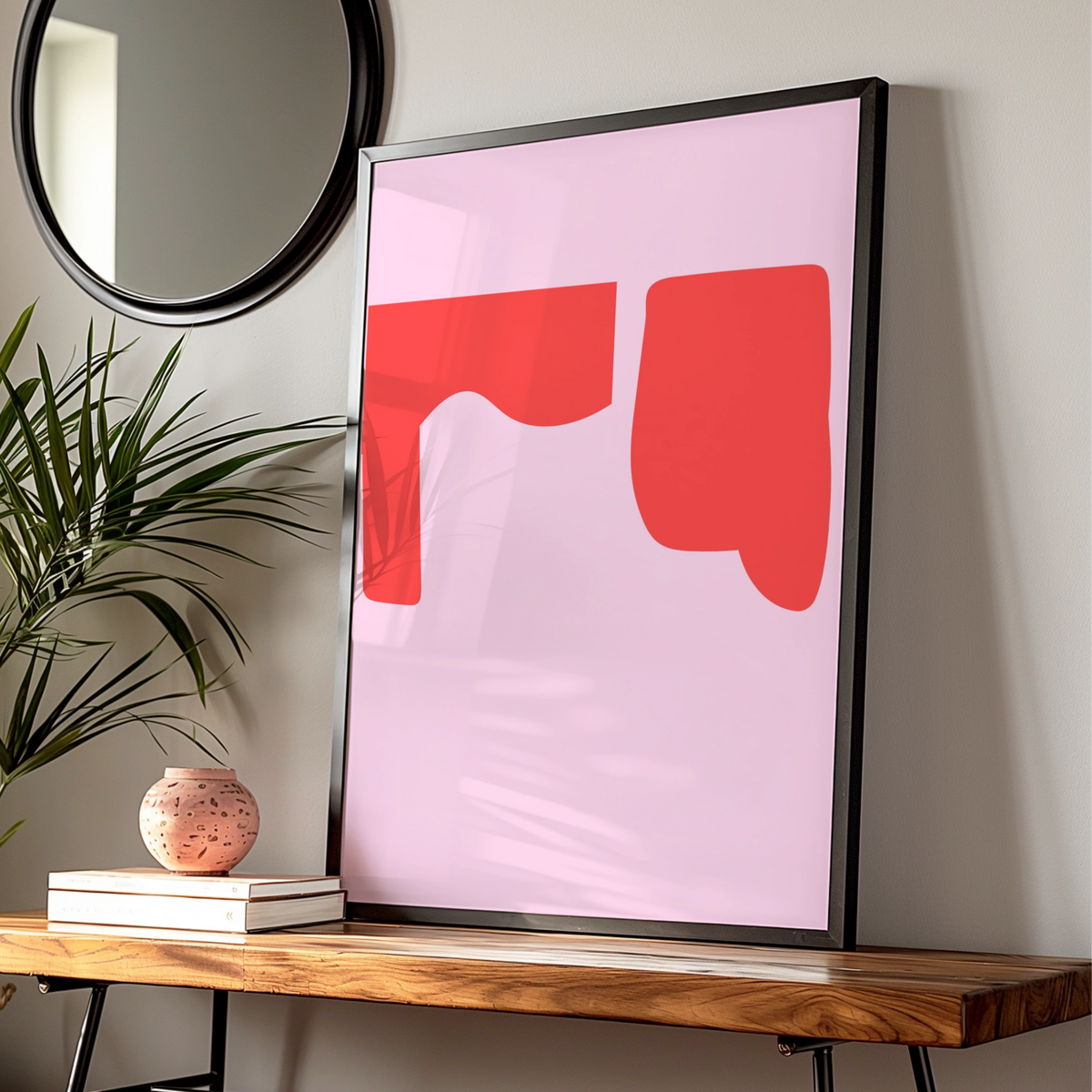 Maximalist Abstract Shape Poster, Bold Red Pink Modern Wall Art Print, Retro Geometric