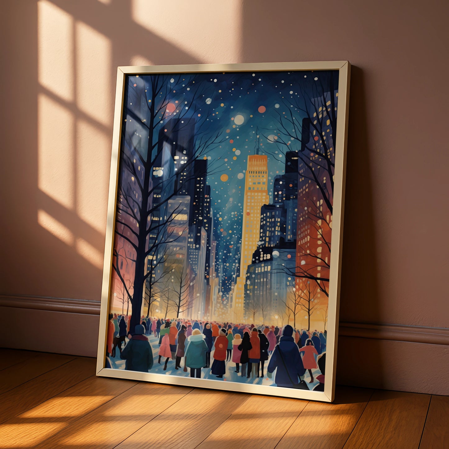 Christmas City Night Poster, Winter Snow Scene Wall Art, Festive New York Print