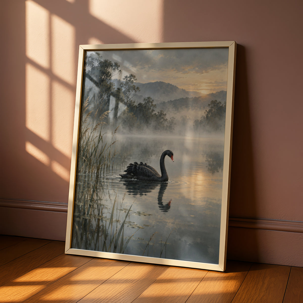 Black Swan Print, Australian Landscape Wall Art, Misty Lake Nature Poster, Wildlife Art