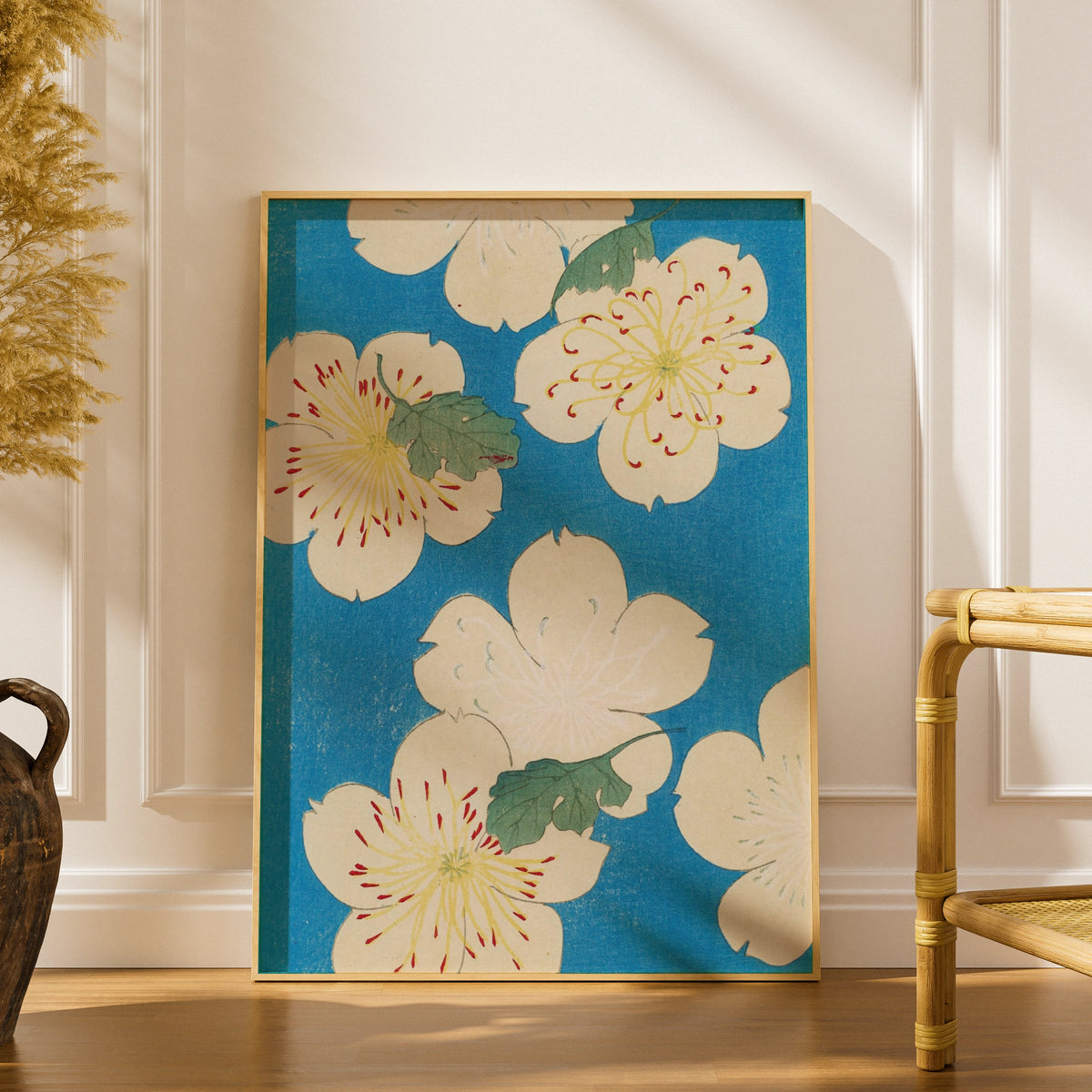 Japanese Botanical Print, Vintage Floral Woodblock Wall Art, Japandi Blue Flower Poster – A5 print