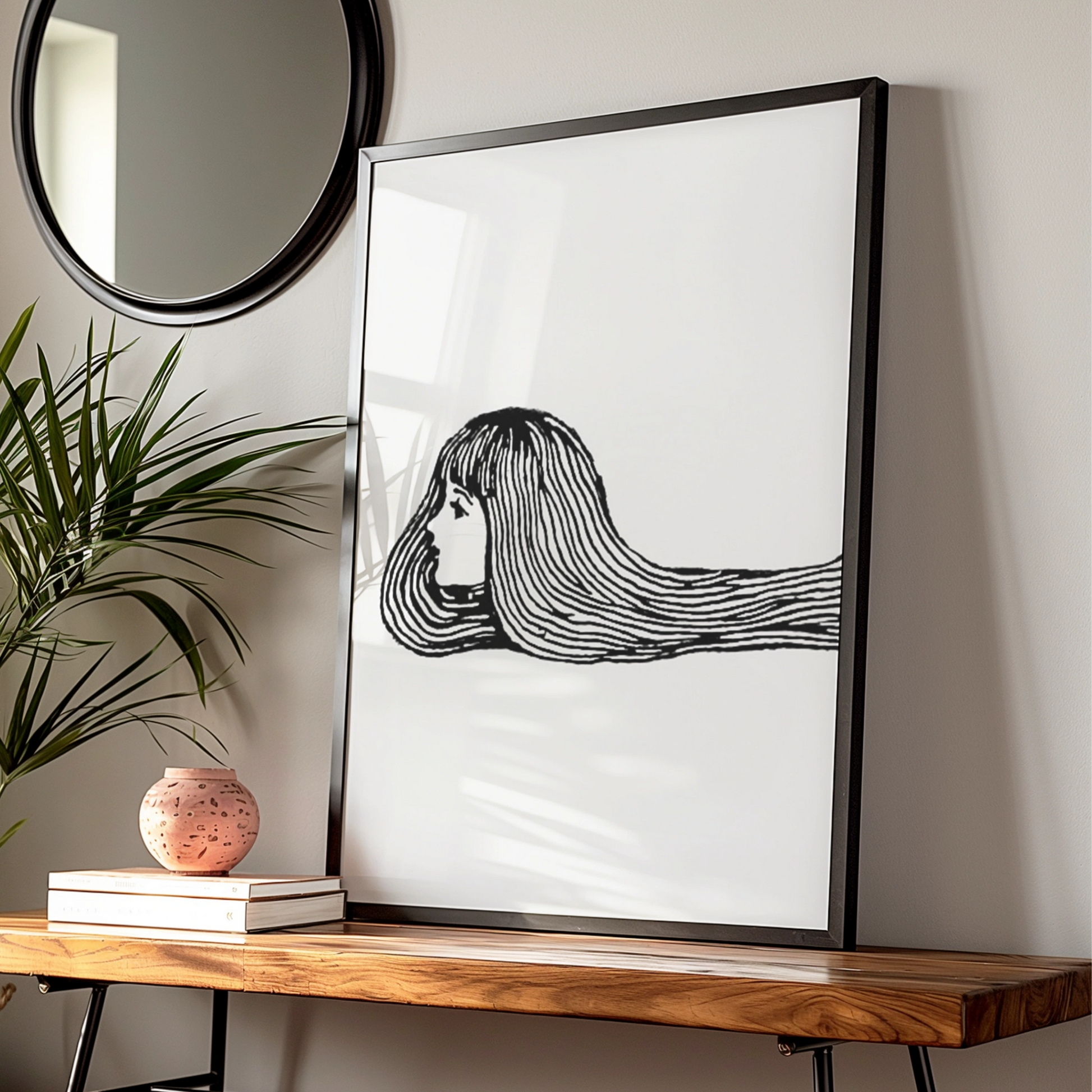 Halloween Witch Hair Poster, Creepy Girl Line Art Print, Black White Spooky Wall Art