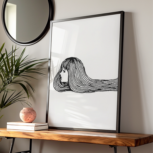 Halloween Witch Hair Poster, Creepy Girl Line Art Print, Black White Spooky Wall Art